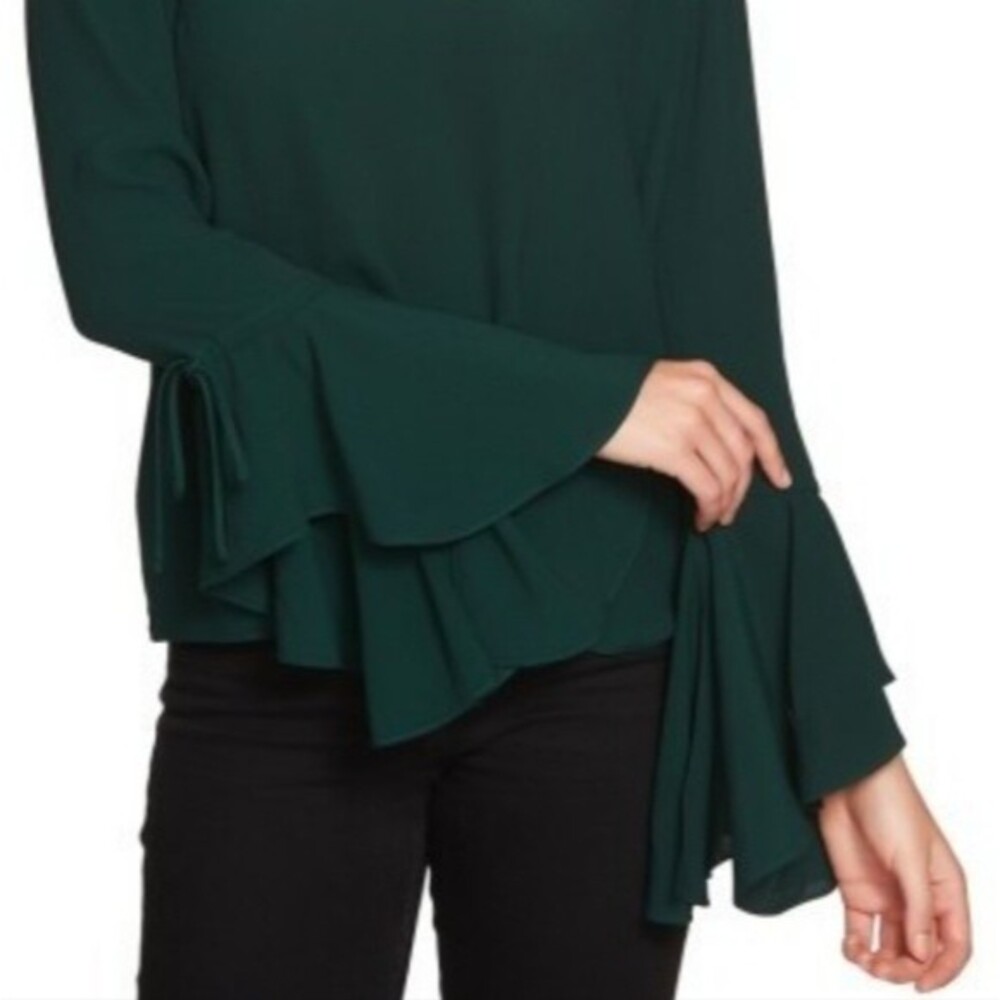 1. State V-Neck Cascade Long Flare Sleeve Green Blouse - S